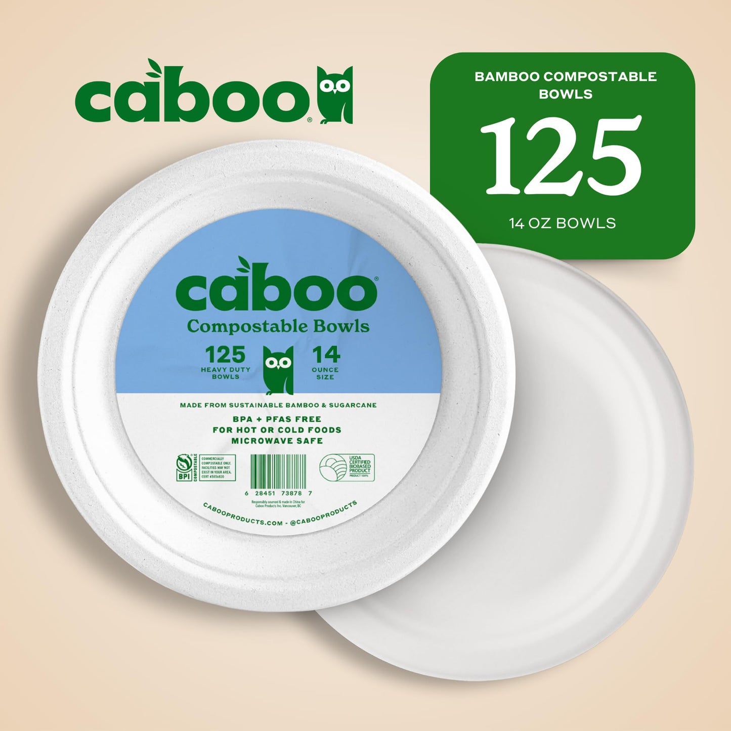 Caboo Disposable Bamboo Paper Bowls, 125 Pack of 14 Ounce Sturdy Biodegradable Bowls, Compostable Bowl, Microwave Safe Party Bowl, Eco Friendly