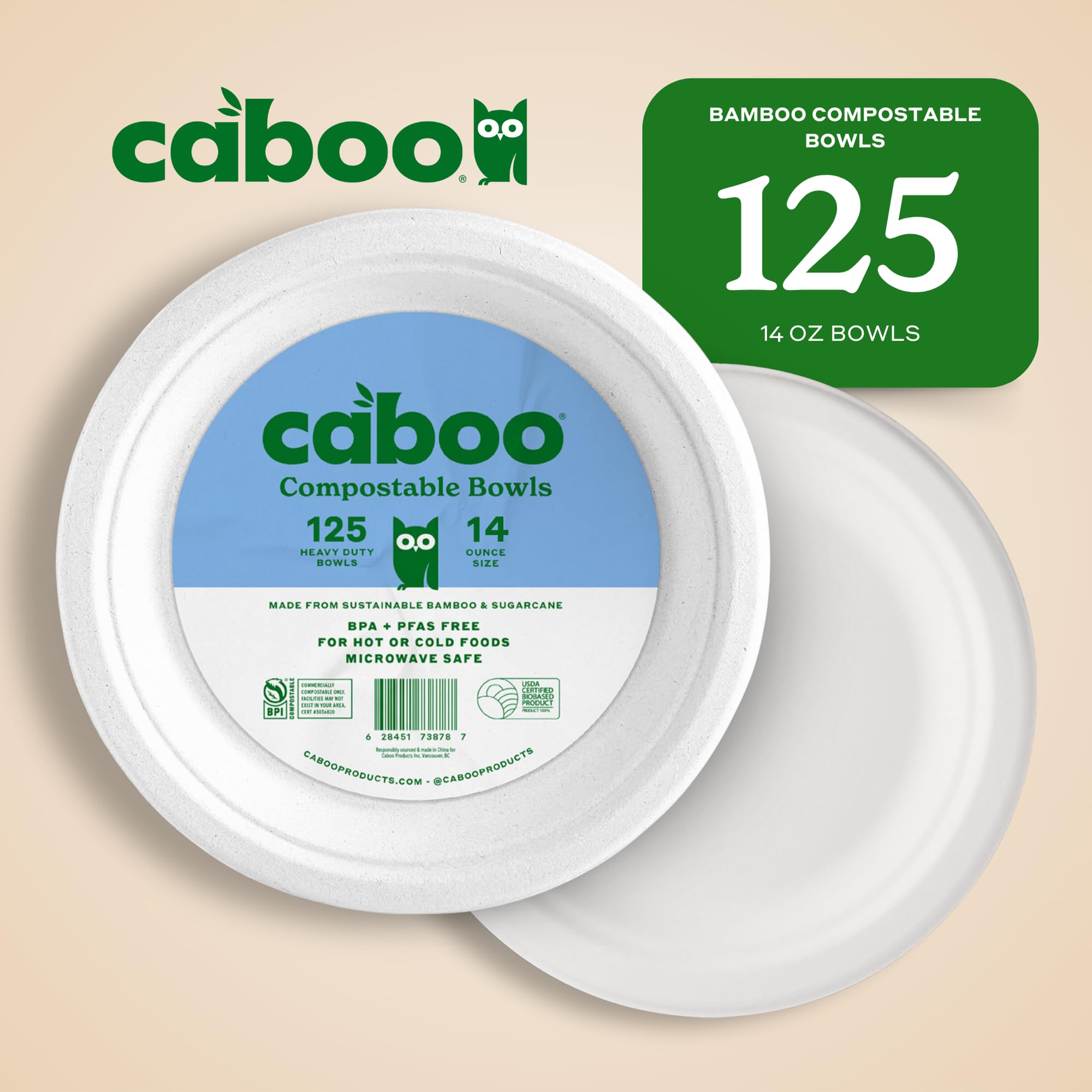Caboo Disposable Bamboo Paper Bowls, 125 Pack of 14 Ounce Sturdy Biodegradable Bowls, Compostable Bowl, Microwave Safe Party Bowl, Eco Friendly