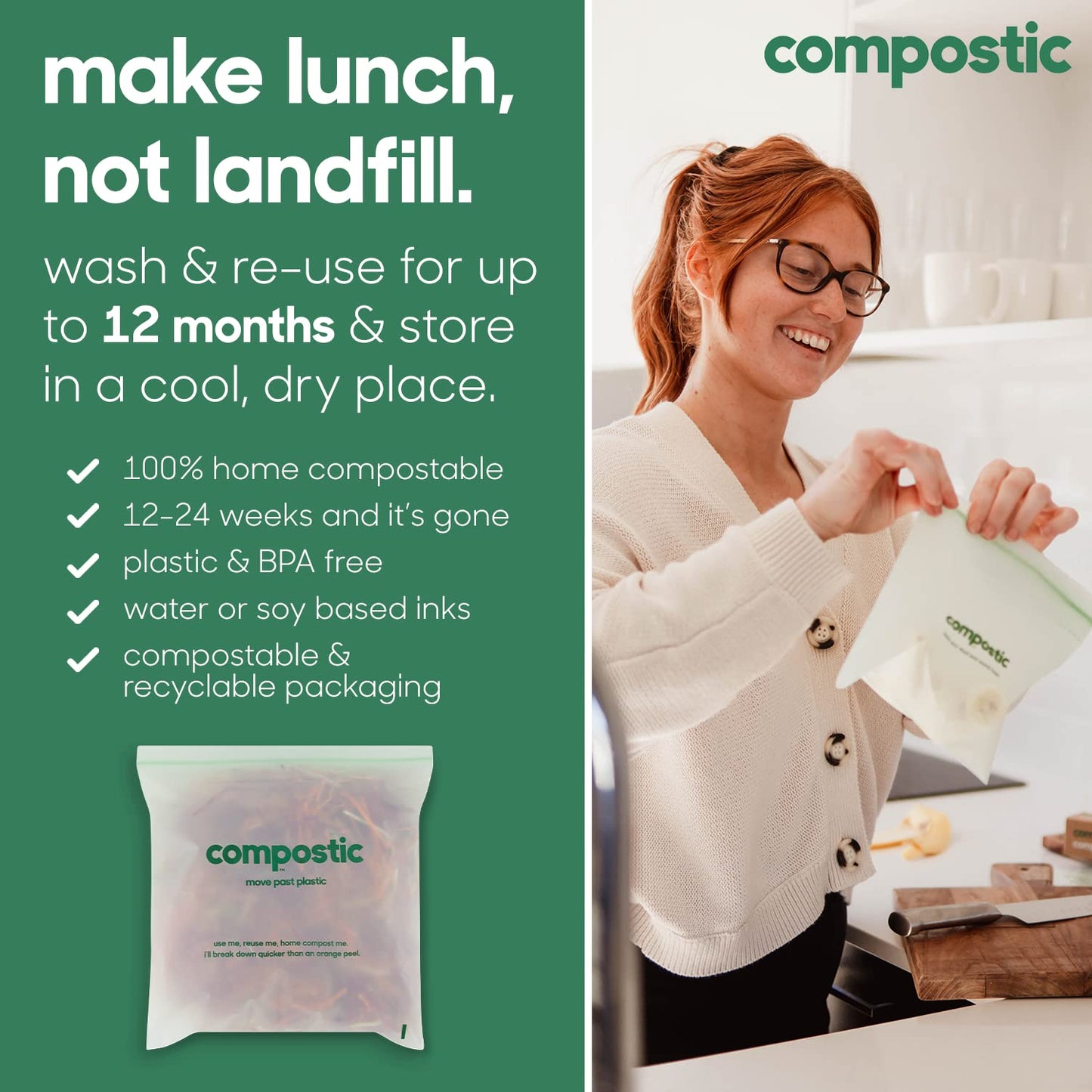 Compostic Compostable Gallon Bags (60 Count) Starter Pack - Resealable Zip-Seal, Plant-Based, Home Compostable, Freezer Safe, BPA-Free, Non-Toxic