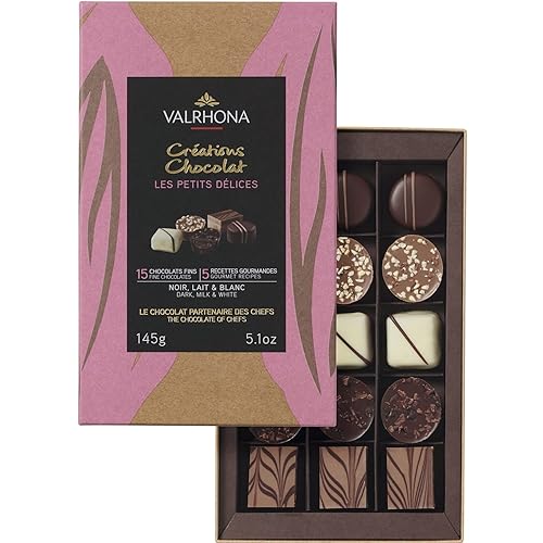 Valrhona Assortment of 15 Gourmet Petits Bon Bons in Dark, Milk & White. Inspired from French pastries: Millefeuille, Crème caramel, Fondant au