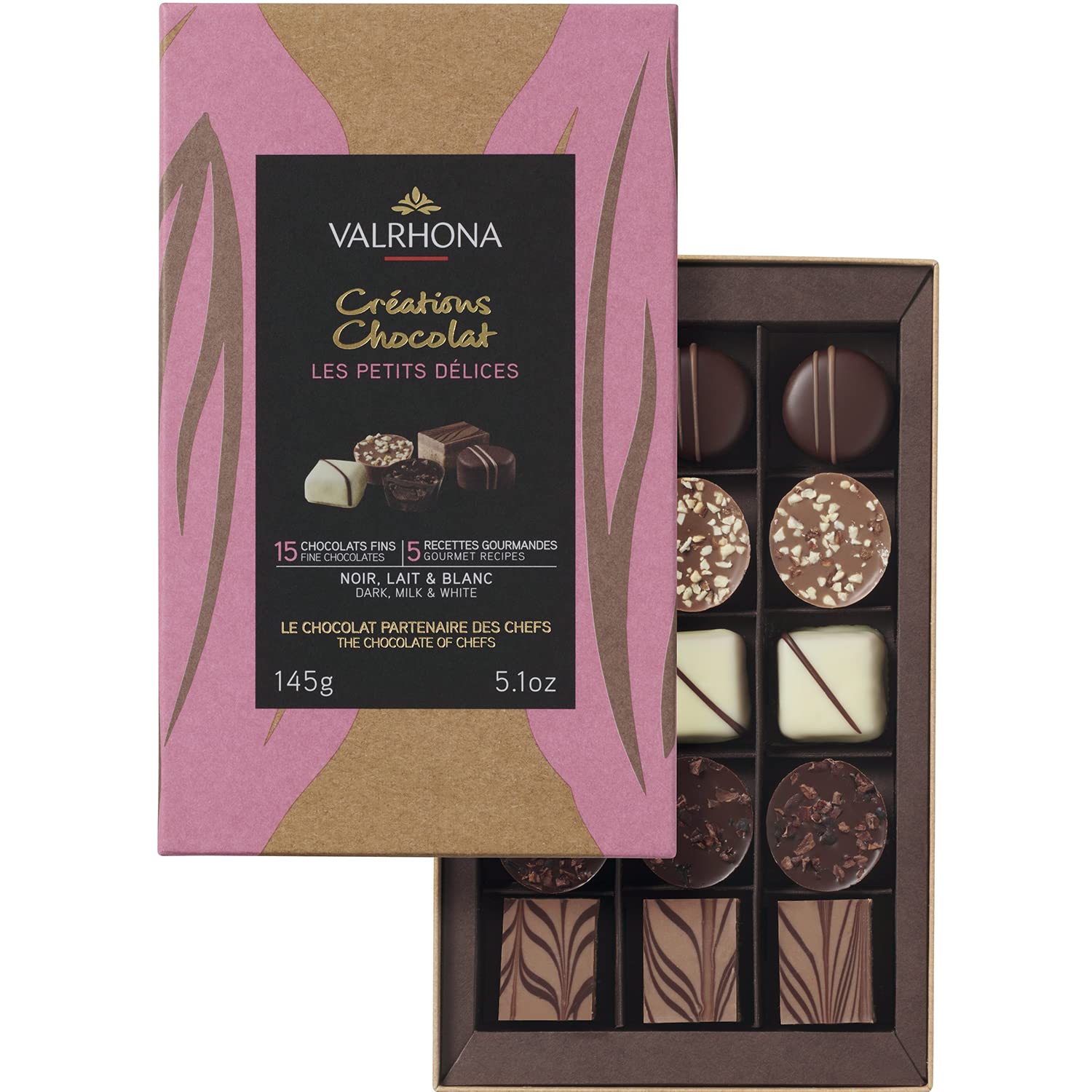 Valrhona Assortment of 15 Gourmet Petits Bon Bons in Dark, Milk & White. Inspired from French pastries: Millefeuille, Crème caramel, Fondant au