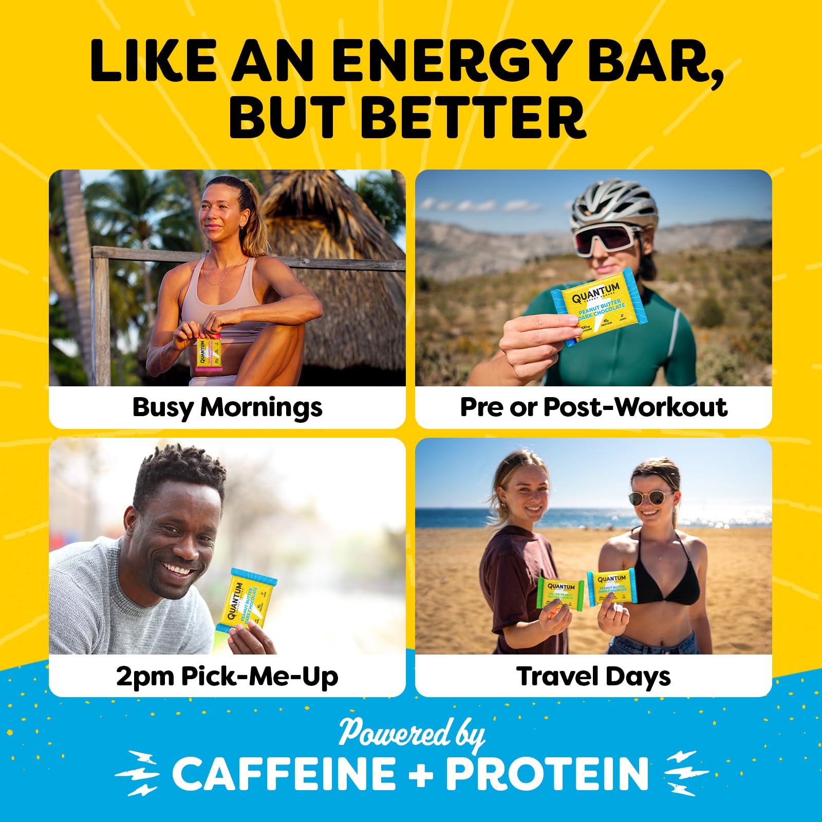 Quantum Energy Square: Energy Bar with Caffeine & 10g Protein. Delicious Healthy Snack On The Go. (Vegan, Gluten-free, Soy-free, Dairy-free) (Variety
