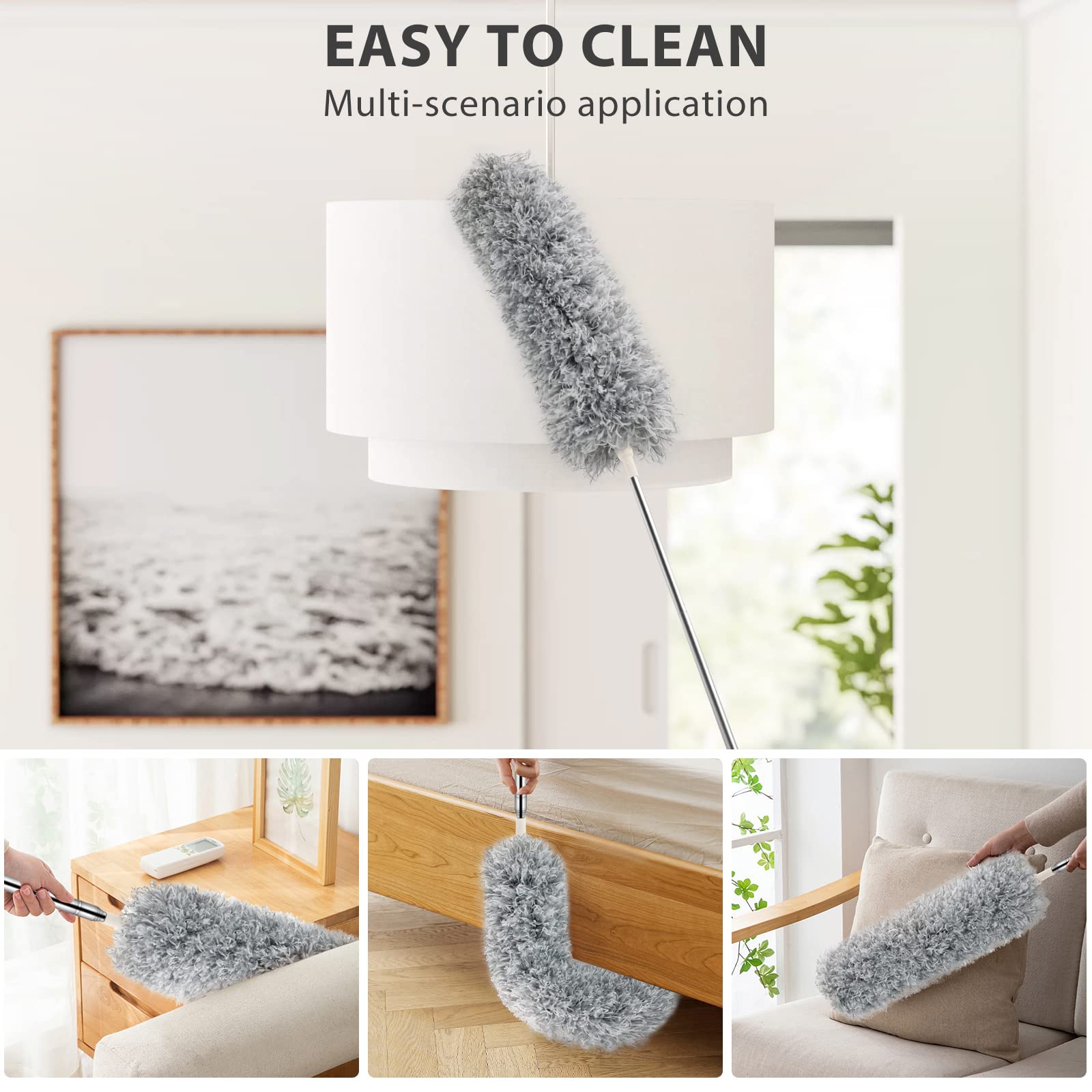 BLUEELF Microfiber Feather Dusters for Cleaning Tools with Extension Pole?Stainless Steel?,100’’ Extra Long Duster Ceiling Fan, Gap, Blinds