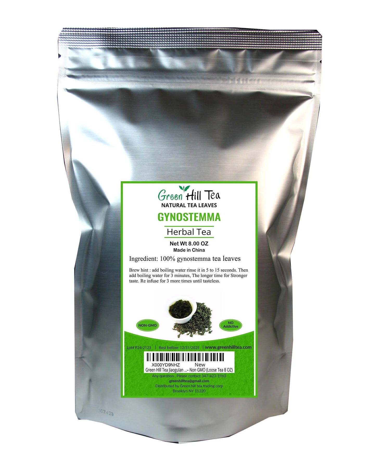 Green Hill Tea Jiaogulan Loose Leaf Tea - Caffeine-Free Ginseng Variety - Pure Gynostemma Herbal Tea - Non GMO ziplock bag 8 OZ