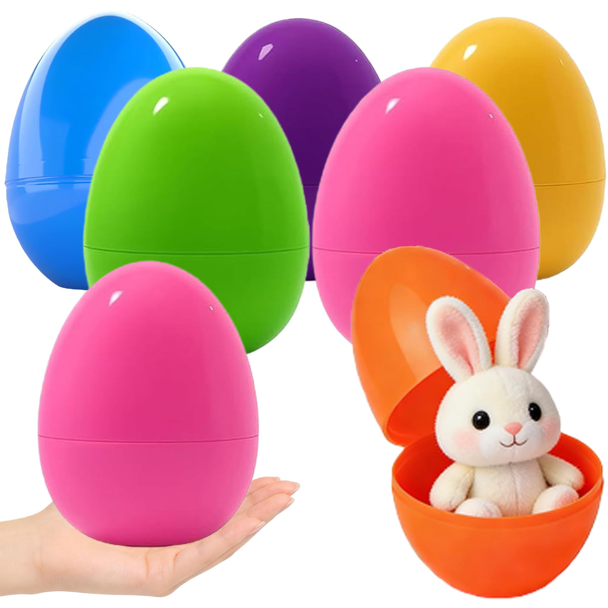 Azheeuiy 6 Pack Jumbo Easter Eggs,6.3'' Bright Plastic Giant Eggs with Flat Bottom, Empty Refillable for Easter Eggs Hunt, Filling Treats Party Favor