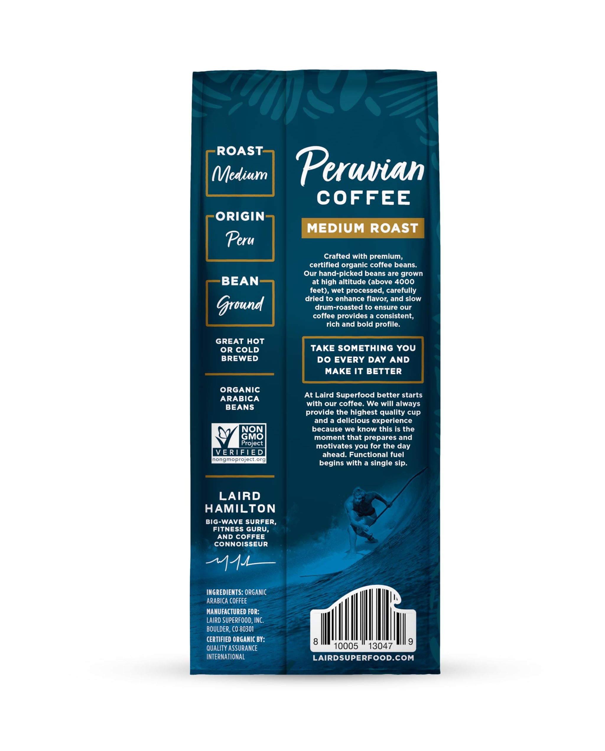 Laird Superfood Peruvian Medium Roast Caffeinated Ground, Ethically Sourced Premium Ground Coffee, Gluten-Free, Dairy-Free, Non-GMO, Paleo, Keto