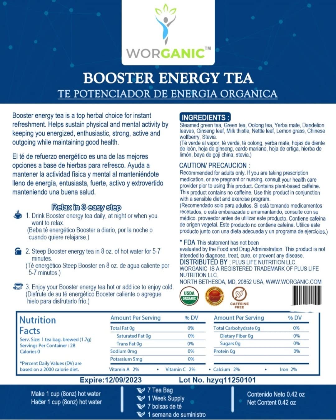 Booster Energy Tea - Worganic Tea - (6 Pack) - Essential Energy Drink Supports booster of physical and mental activity. Original Flavor by WORGANIC l