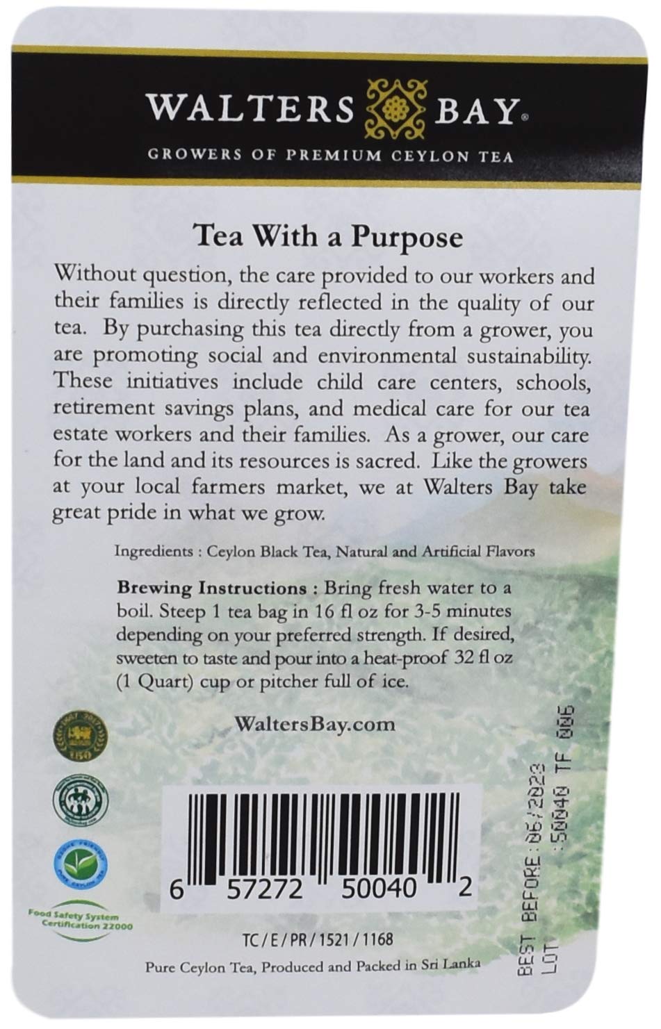 Walters Bay Raspberry Iced Tea, 12 Count, Quart Sized Tea Bags, Ceylon Black Tea, Unsweetened, 100% Hand Plucked, Delicious Raspberry Tart Flavor, Sri