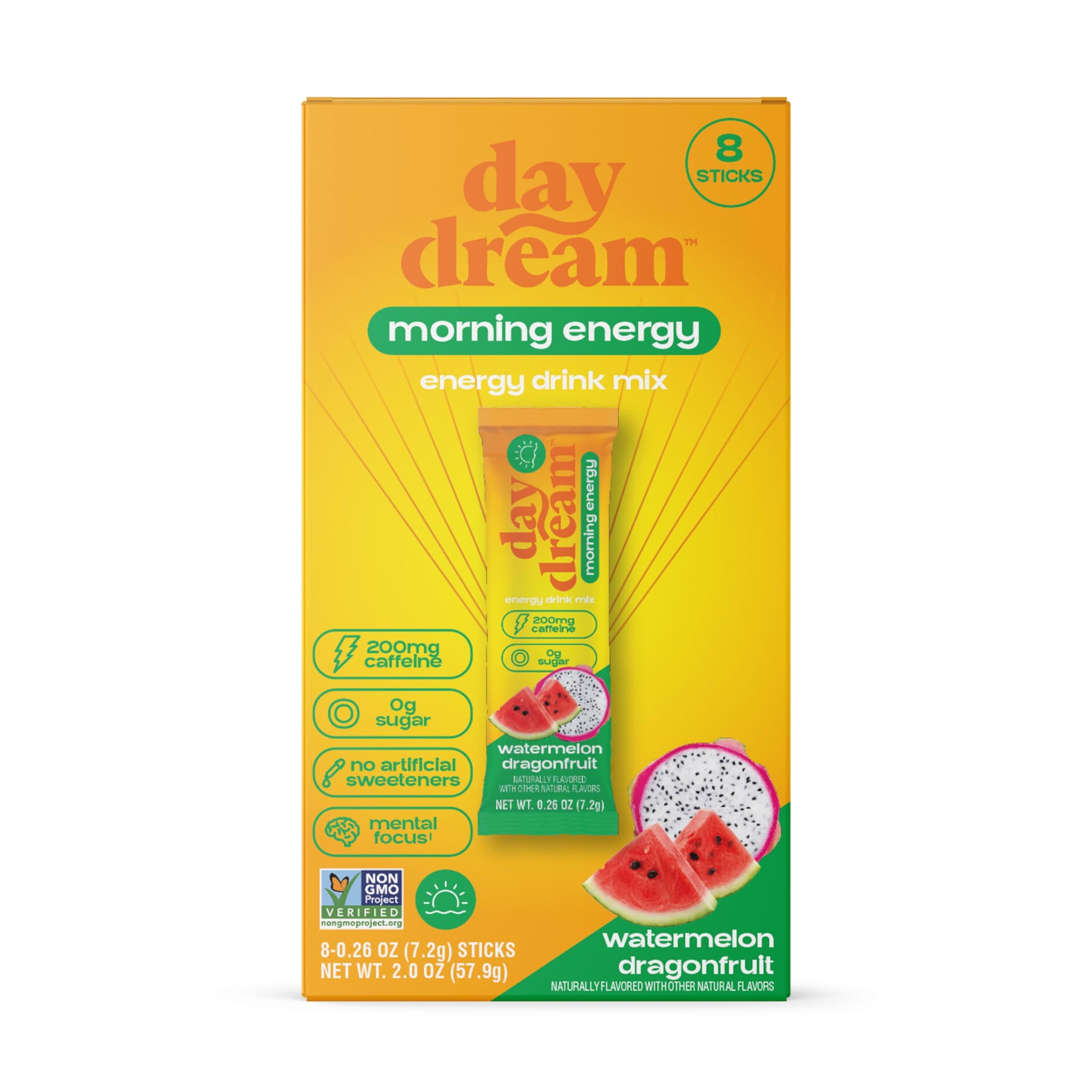 Day/Dream Morning Energy Drink Mix - Watermelon Dragonfruit, 200mg Natural Caffeine from Green Tea, Guarana, and Yerba Mate, L-Citrulline, L-Arginine