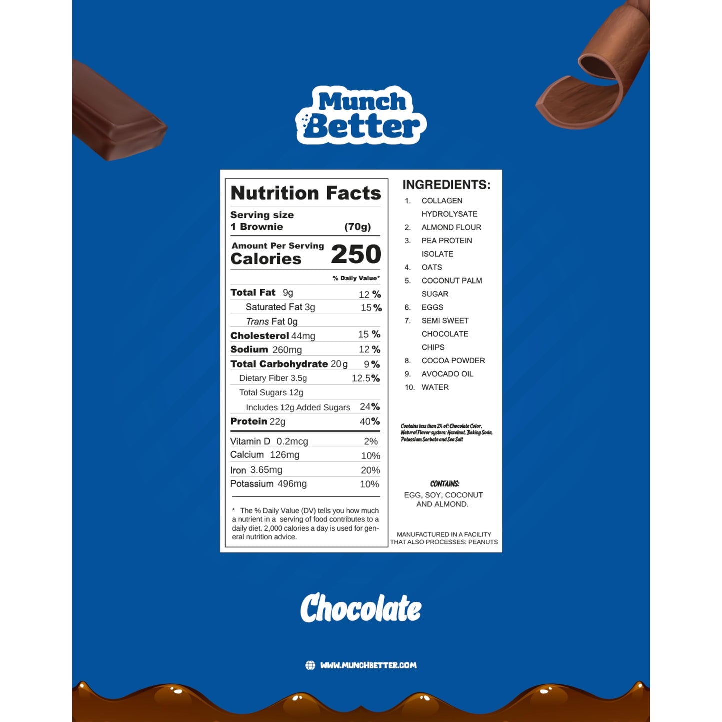 Munch Better Chocolate Protein Brownies - High Protein (25g), Dairy-Free, Gluten-Free, Low Sugar, Collagen-Infused, Clean Ingredients (8 Brownies per