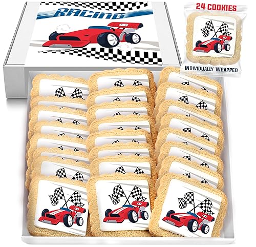 Race Car Themed Cookies Party Favors | Individually Wrapped 24 Pack Bulk | for Kids Birthday Treats | Red Black White Raceway Race Track Black White