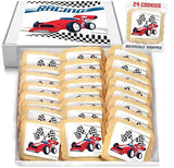 Race Car Themed Cookies Party Favors | Individually Wrapped 24 Pack Bulk | for Kids Birthday Treats | Red Black White Raceway Race Track Black White