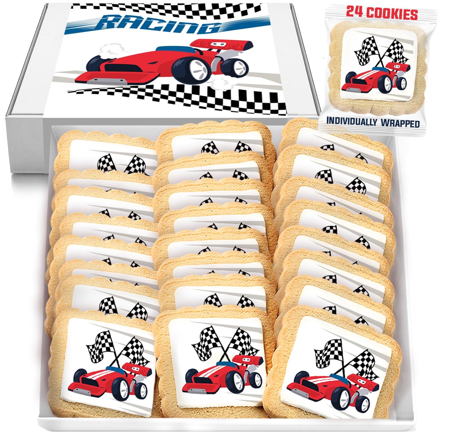 Race Car Themed Cookies Party Favors | Individually Wrapped 24 Pack Bulk | for Kids Birthday Treats | Red Black White Raceway Race Track Black White