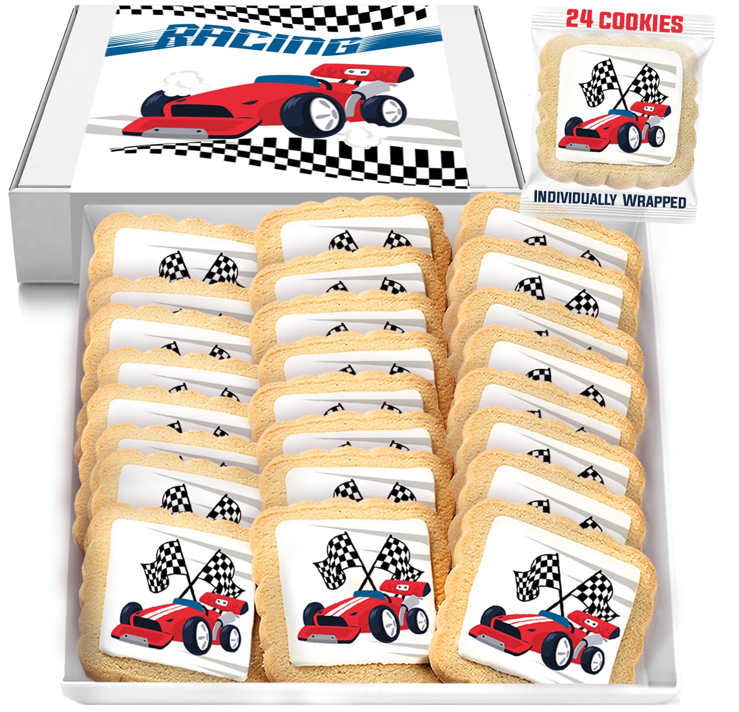 Race Car Themed Cookies Party Favors | Individually Wrapped 24 Pack Bulk | for Kids Birthday Treats | Red Black White Raceway Race Track Black White