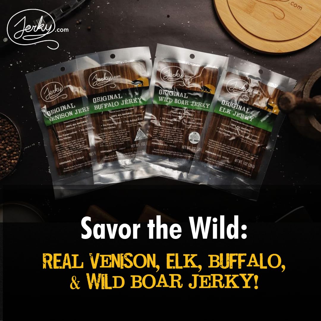 Jerky.com Exotic Jerky Gift Box | 8pc Wild Game Exotic Jerky Variety Pack with Venison, Elk, Wild Boar, & Buffalo | High Protein, Low Fat, Keto Exotic