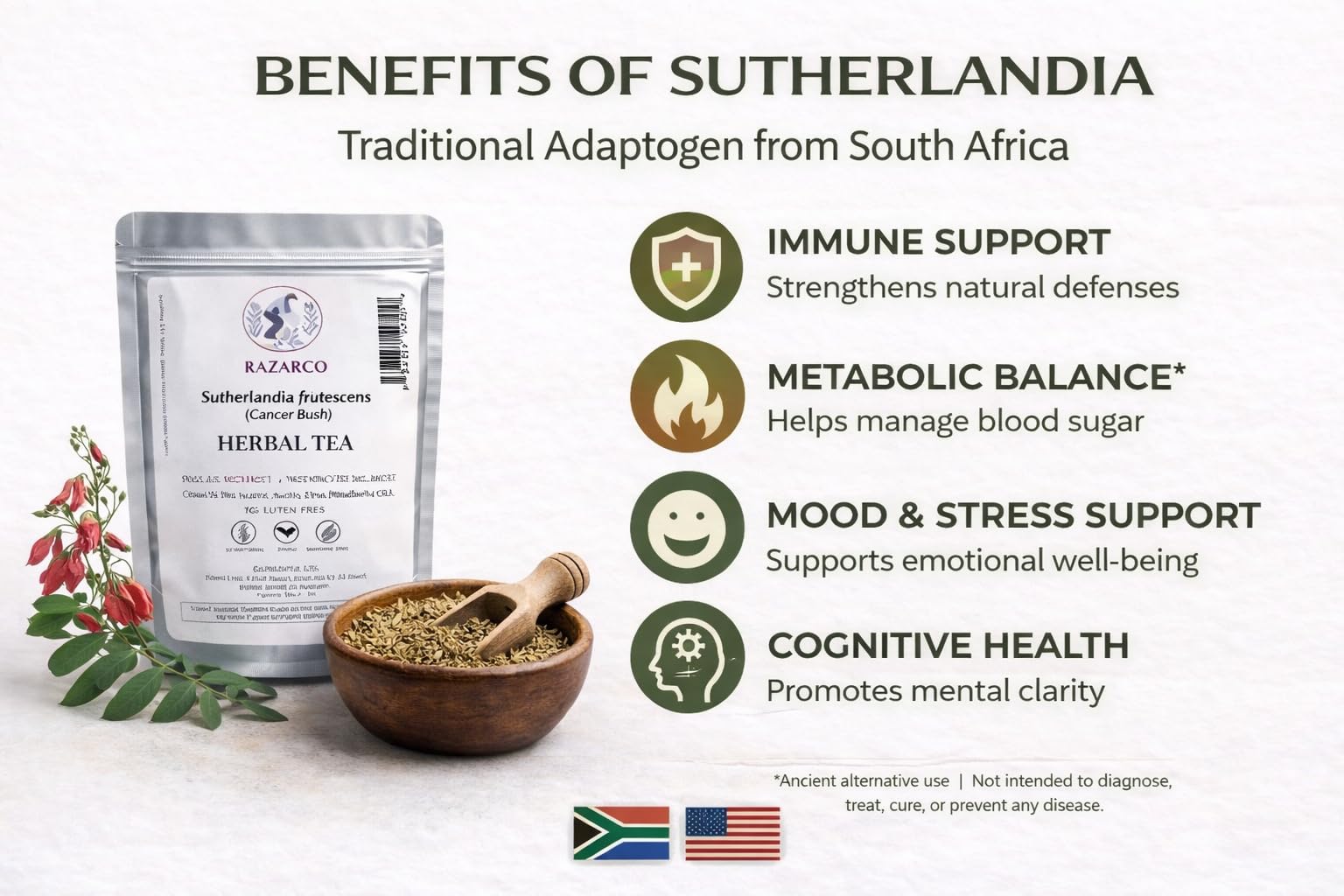 RAZARCO Sutherlandia Herbal Tea - Immune Support & Stress Relief, Caffeine-Free Loose Leaf, South African Wellness Blend, Non-GMO, 2oz (28 Servings)