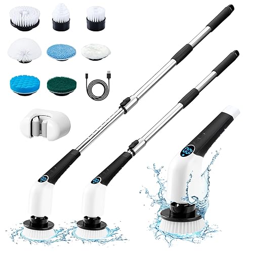 Electric Spin Scrubber, 2024 New Cordless Cleaning Brush with 8 Replaceable Brush Heads, Power Shower Scrubber Long Handle, Extendable Handheld