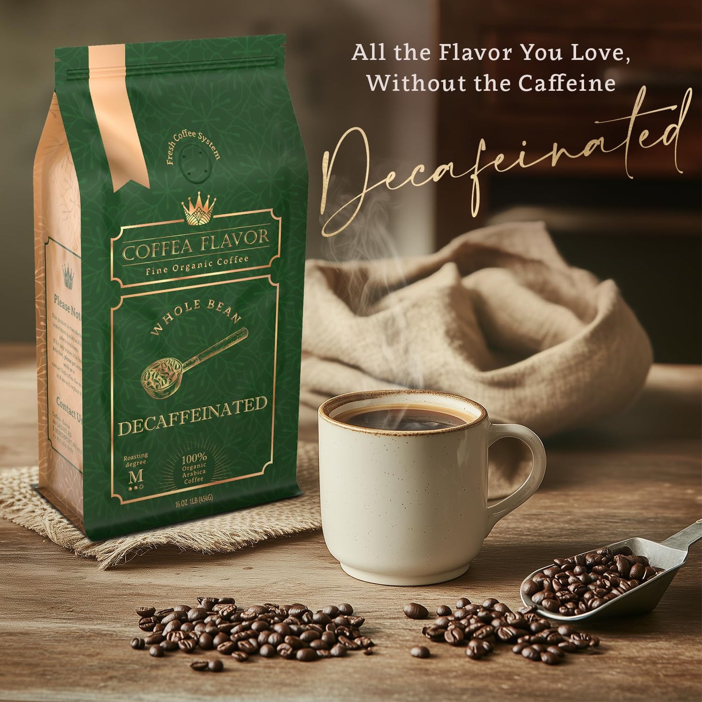 Coffea Flavor Fine Organic coffee -Decaf Whole Bean Coffee | Medium Roast | 100% Arabica Beans | Perfect for Espresso | USDA Certified Organic | Fair