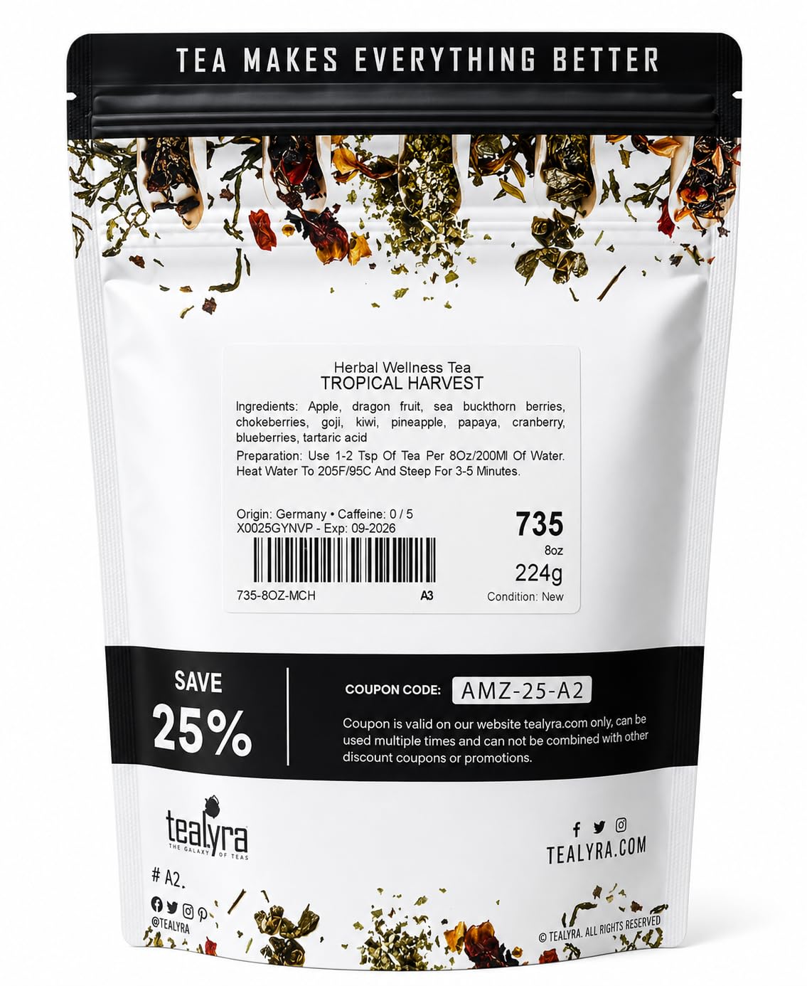 Tealyra - Tropical Harvest - Fruity Herbal Loose Leaf Tea - Dragon Fruit - Sea Buckthorn - Goji - Pineapple - Cranberry - Caffeine Free - Hot or Iced