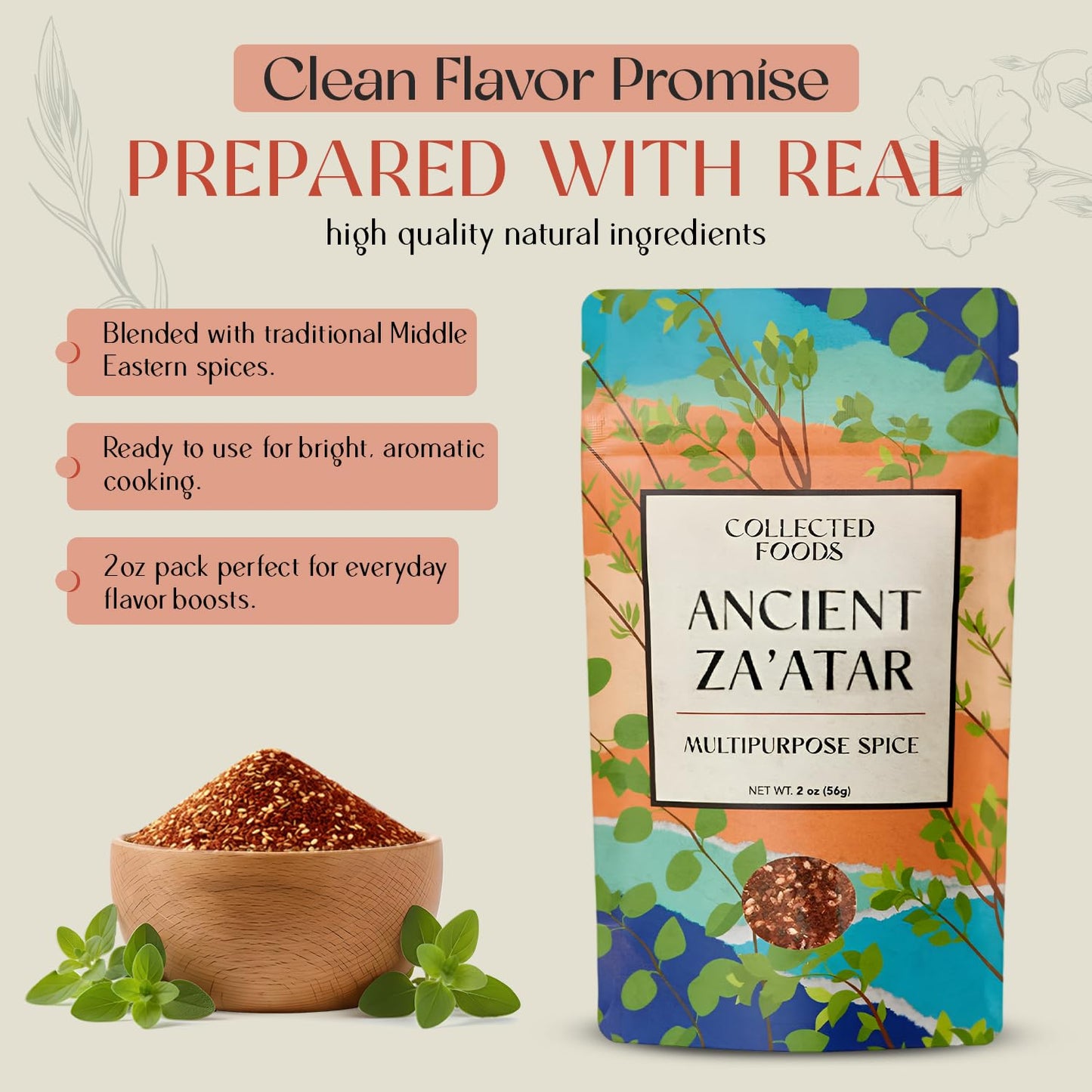 Collected Foods Premium Za’atar Spice Blend, NY Chef Crafted, Small-Batch Middle Eastern Seasoning with Sumac Spice, and Sesame Seeds, 2 oz, Vegan