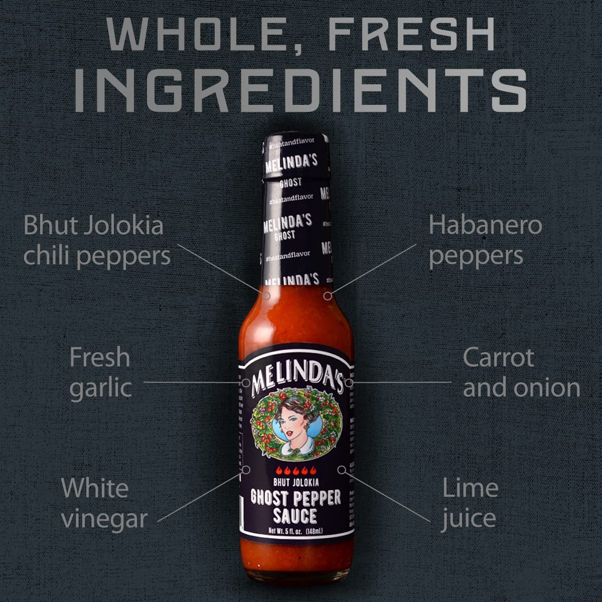 Melinda’s Ghost Pepper Hot Sauce - Gourmet Extra Spicy Hot Sauce - Made with Fresh Ingredients, Ghost Peppers (Bhut Jolokia), Habanero Pepper, Carrot