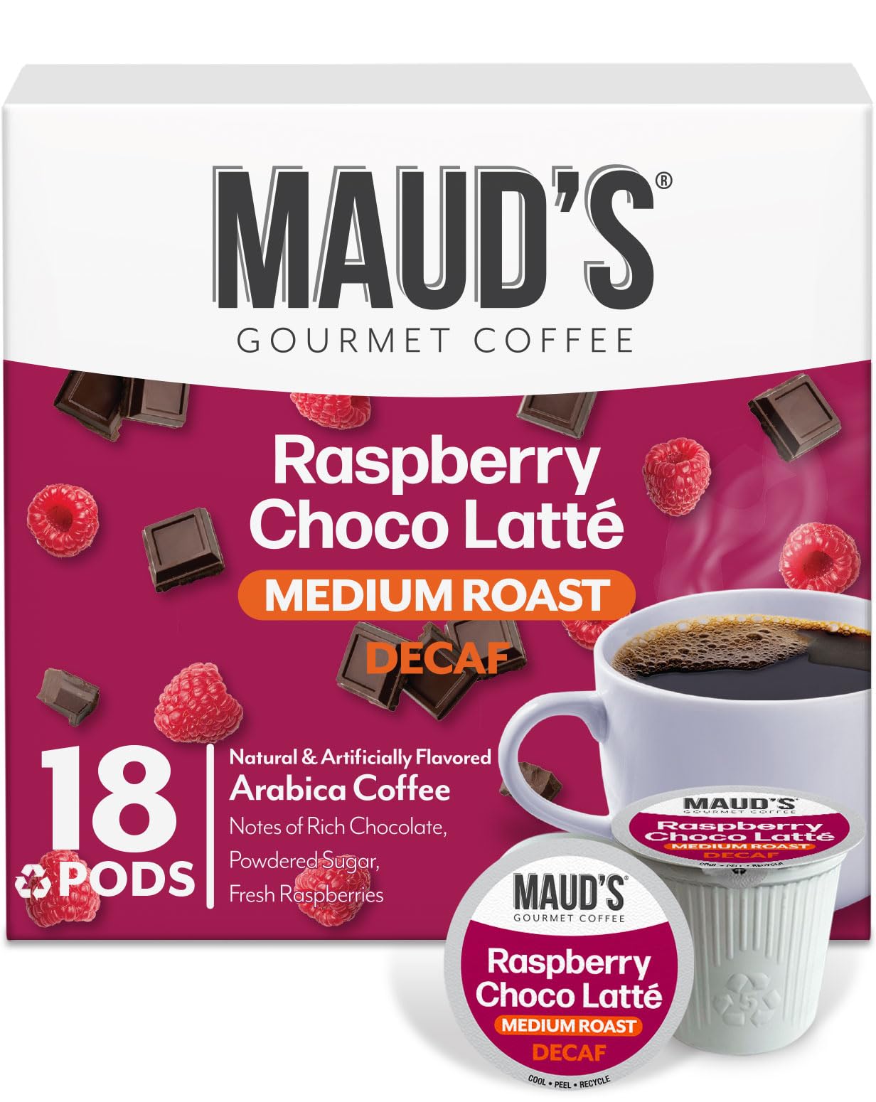 Maud's Decaf Raspberry Chocolate Flavored Coffee Pods, 18 ct, Decaffeinated Medium Roast Flavored Coffee in Single Serve Pods - 100% Arabica Beans