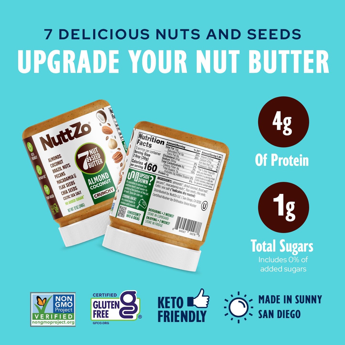 NuttZo Keto Almond Coconut 7 Nut and Seed Butter, Almonds Coconut Brazil Nuts Pecans and More, Keto-Friendly No Added Sugar or Oil, Non GMO
