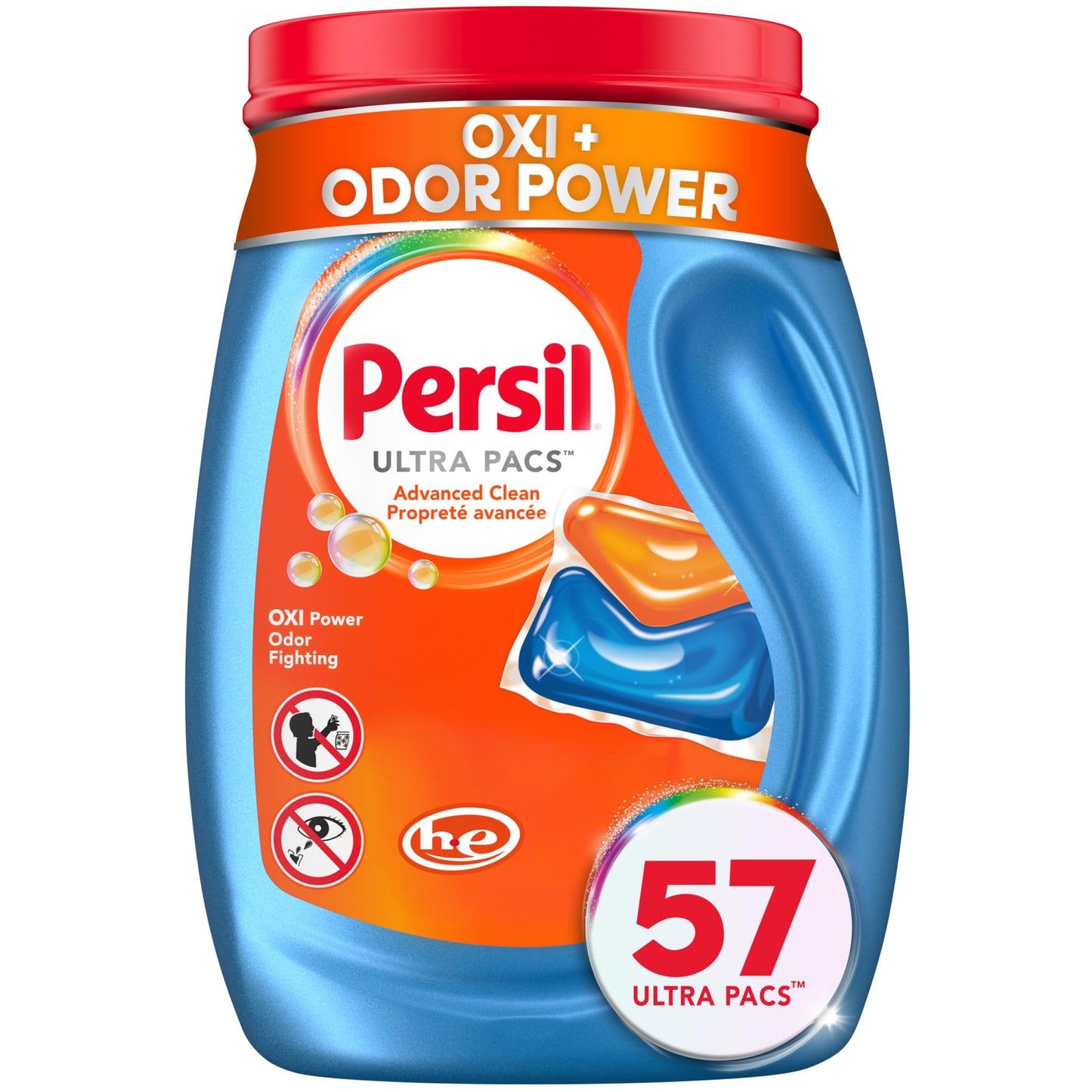 Persil Ultra Pacs Advanced Clean Oxi+Odor Power Laundry Detergent, 57 Count, No Mess, Single-Dose Laundry Soap, Fights Tough Stains & Odors, All Water