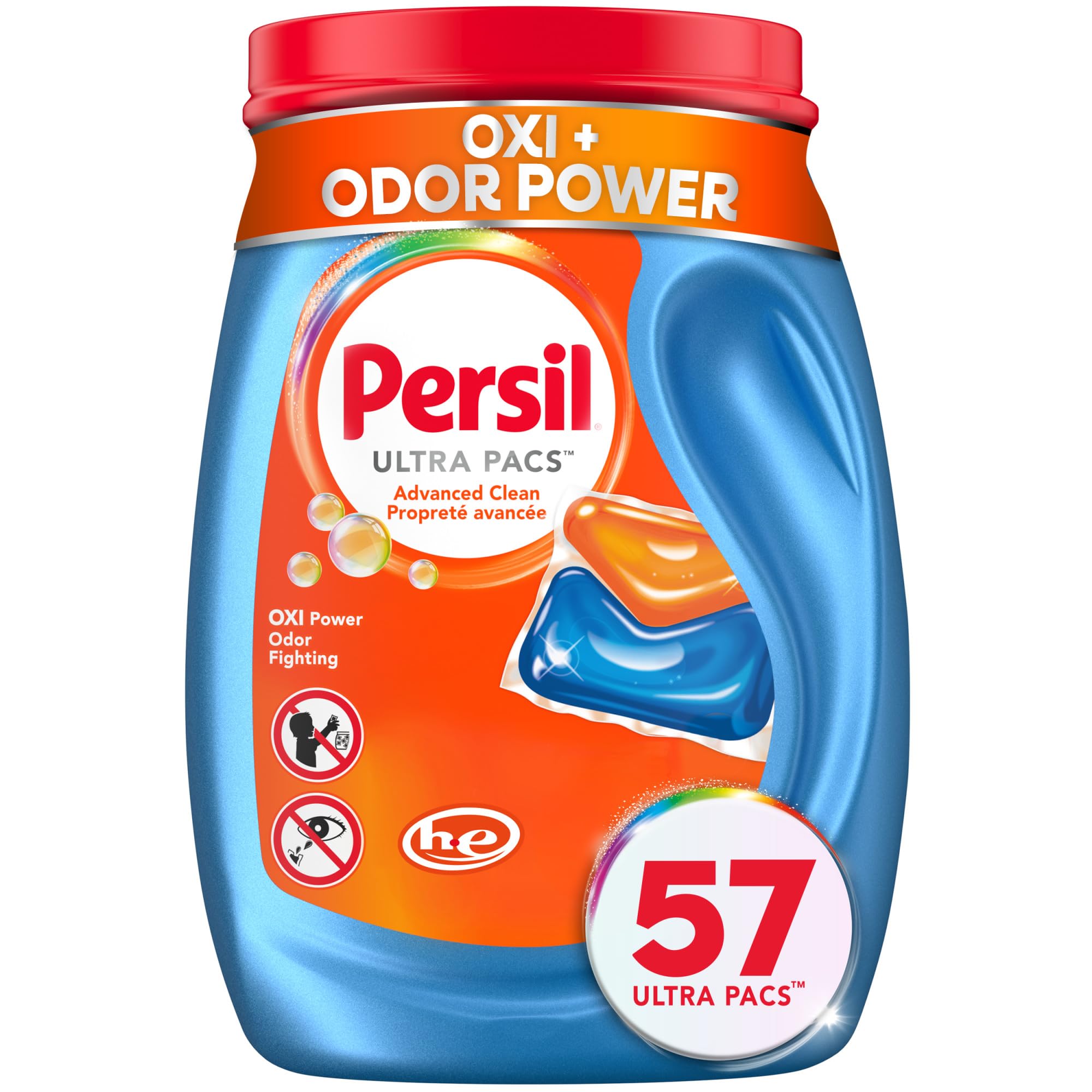 Persil Ultra Pacs Advanced Clean Oxi+Odor Power Laundry Detergent, 57 Count, No Mess, Single-Dose Laundry Soap, Fights Tough Stains & Odors, All Water