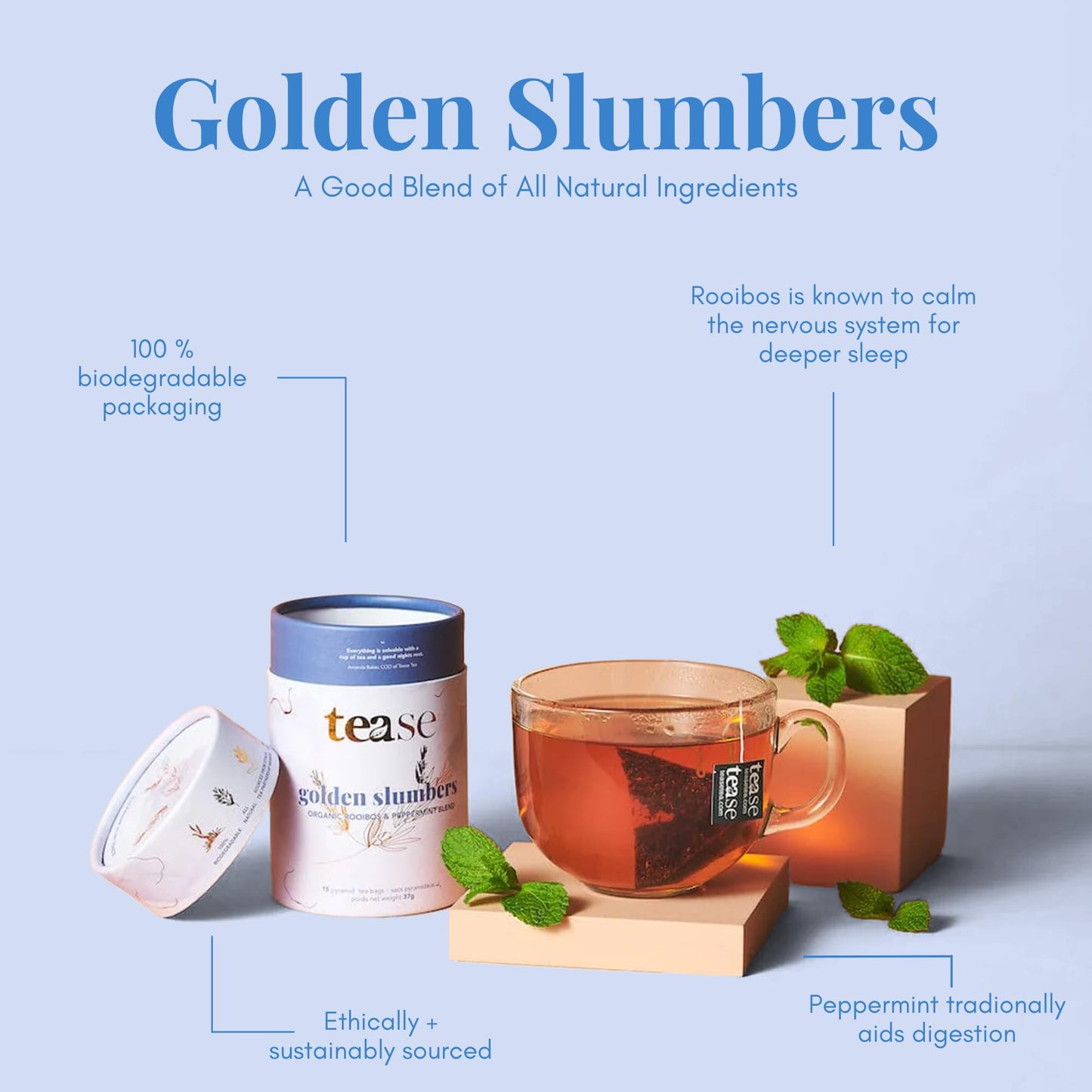 Tease Tea Herbal Sleep Tea - Golden Slumbers Calming and Relaxing Tea, Best Sleep Aid Tea, Caffeine Free Calming Tea Made with Rooibos, Lemon