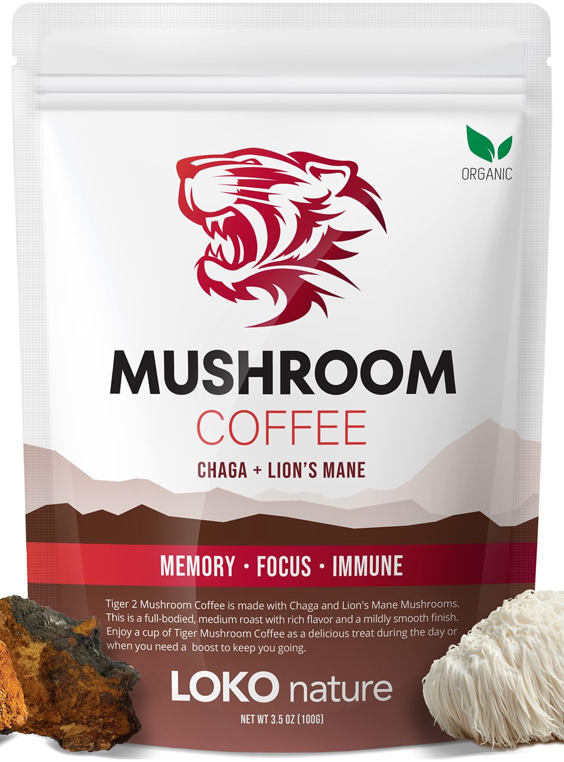LOKO nature Tiger 2 Mushroom Coffee- Organic Lions Mane and Chaga Mushroom with Arabica Coffee, 30 Servings, Memory, Focus, Immune System Booster