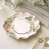 TCF Linen 50 Pack 8" White/Rose Gold Floral Print Scallop Rim Dessert Plates, Disposable Round Paper Appetizer Salad Plates 300 GSM for Party
