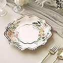 TCF Linen 50 Pack 8" White/Rose Gold Floral Print Scallop Rim Dessert Plates, Disposable Round Paper Appetizer Salad Plates 300 GSM for Party