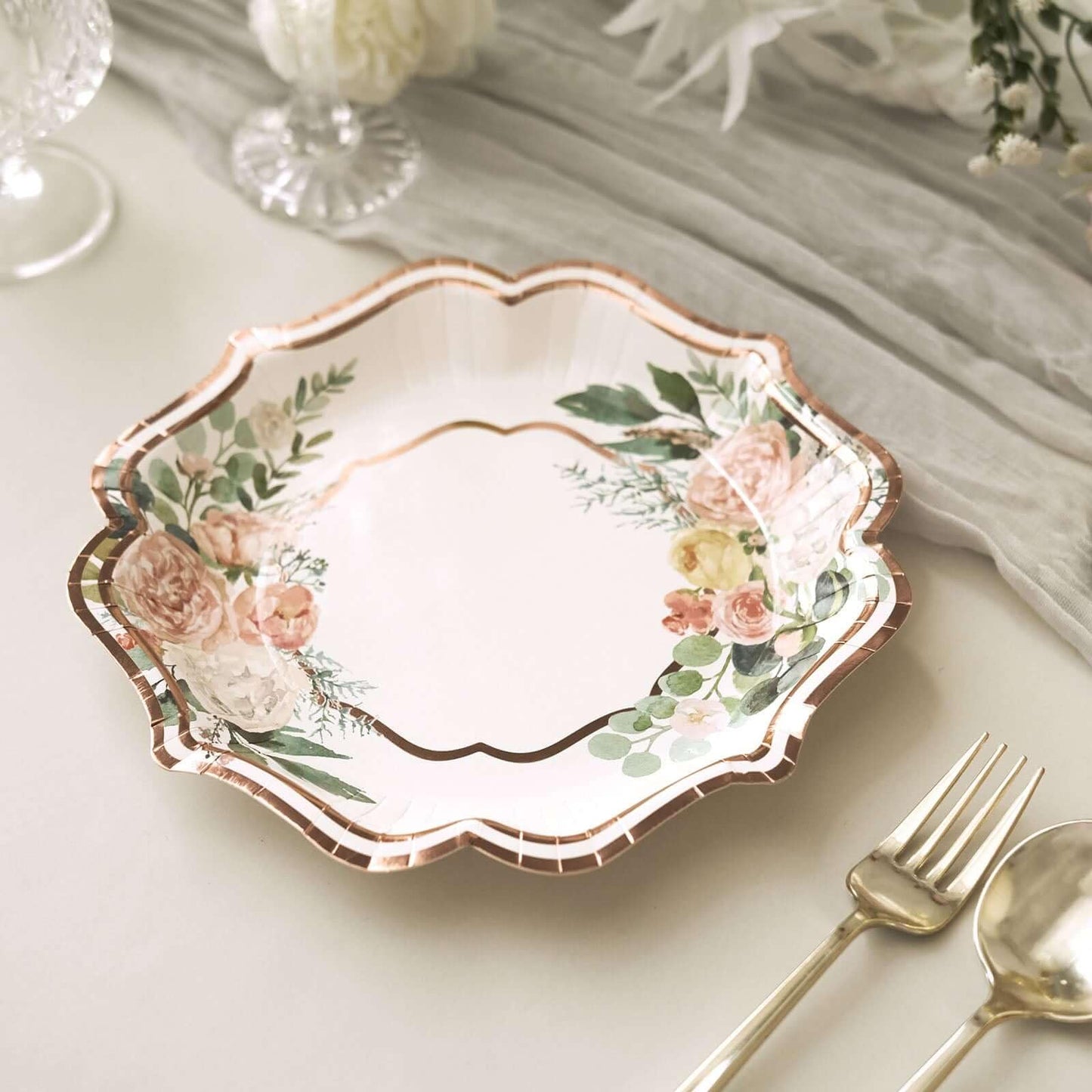 TCF Linen 50 Pack 8" White/Rose Gold Floral Print Scallop Rim Dessert Plates, Disposable Round Paper Appetizer Salad Plates 300 GSM for Party
