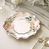 TCF Linen 50 Pack 8" White/Rose Gold Floral Print Scallop Rim Dessert Plates, Disposable Round Paper Appetizer Salad Plates 300 GSM for Party