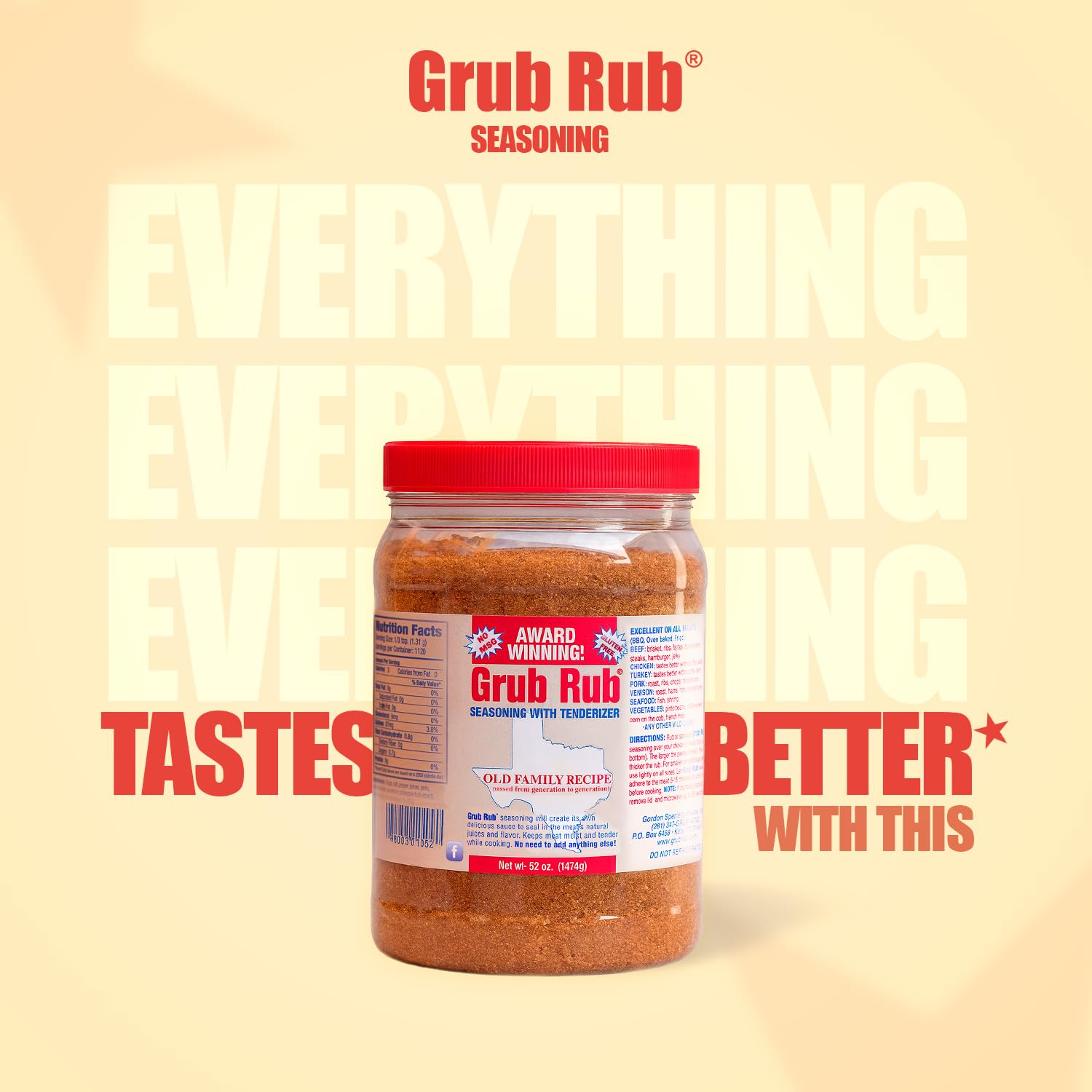 Grub Rub BBQ Blend - Award-Winning Seasoning Family Recipe For Smoking & Grilling Moist, Tender, Juicy Meats - Pork, Steak, Brisket, Seafood, Veggies