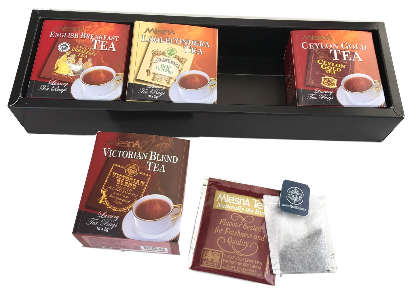 Mlesna Sensations Black Pure Ceylon Tea Foil-Wrapped Envelop Four Assorted Tea Collection - English Breakfast, Looleconderea, Victorian Blend, Ceylon