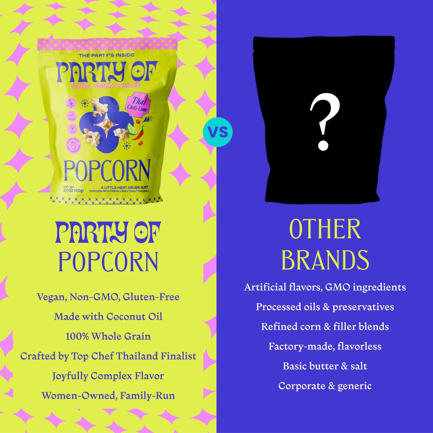 Party of Thai Chili Lime Popcorn Snack - Savory Citrus Heat with Spicy Kick - Gluten-Free, Veggie-Based, Healthy Snack - Individually Wrapped for Easy