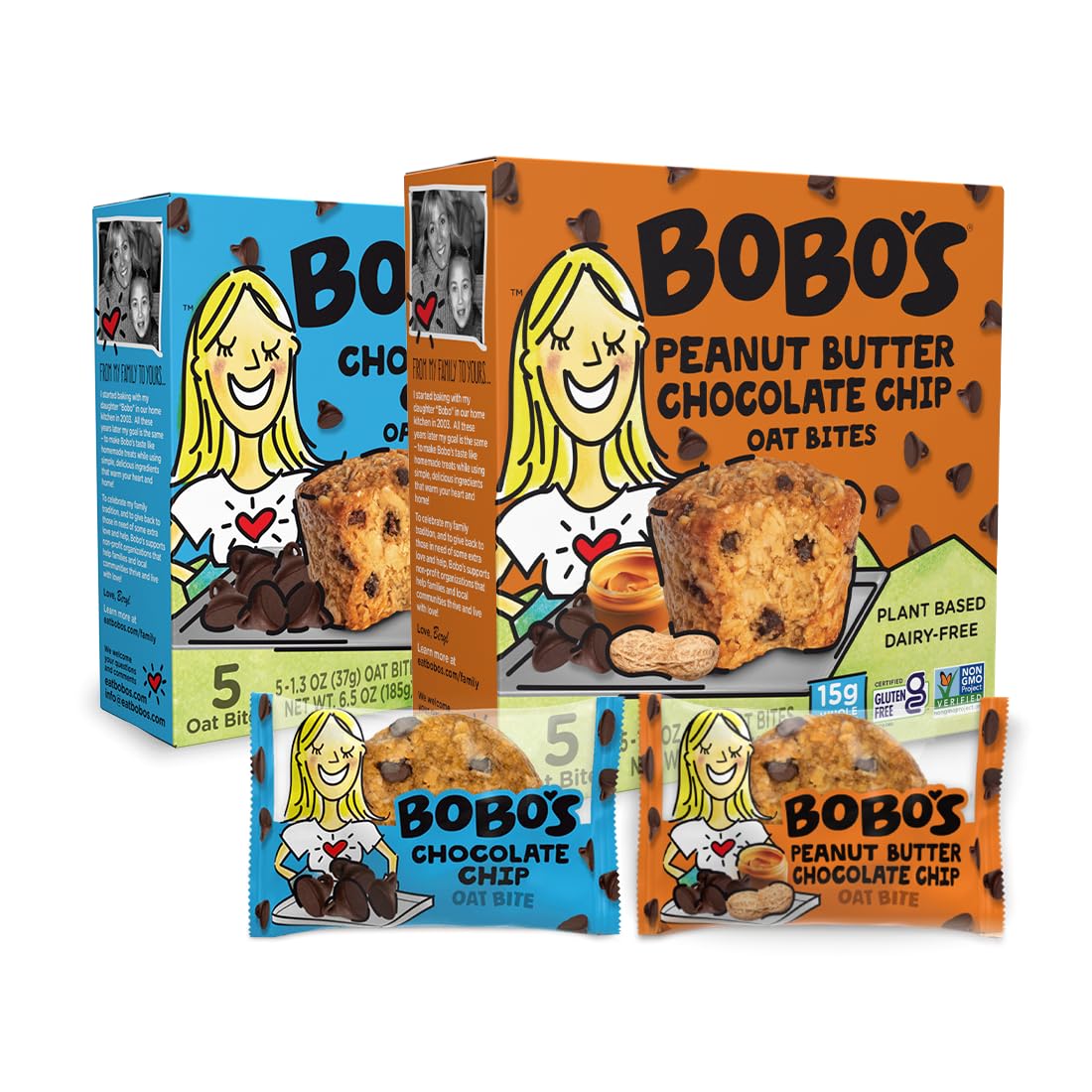 Bobo's Oat Bites Chocolate Chip Variety - Chocolate Chip & Peanut Butter Chocolate Chip, Plant Based, Non-GMO, Gluten Free Breakfast Bars, Healthy