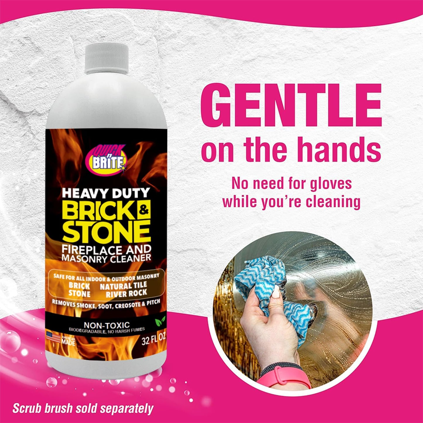 Quick'n Brite Fireplace Brick and Stone Cleaner 32oz with Scrub Brush - Natural Stone, Tile, and Marble Cleaner - Indoor Fireplace and Wood Stove