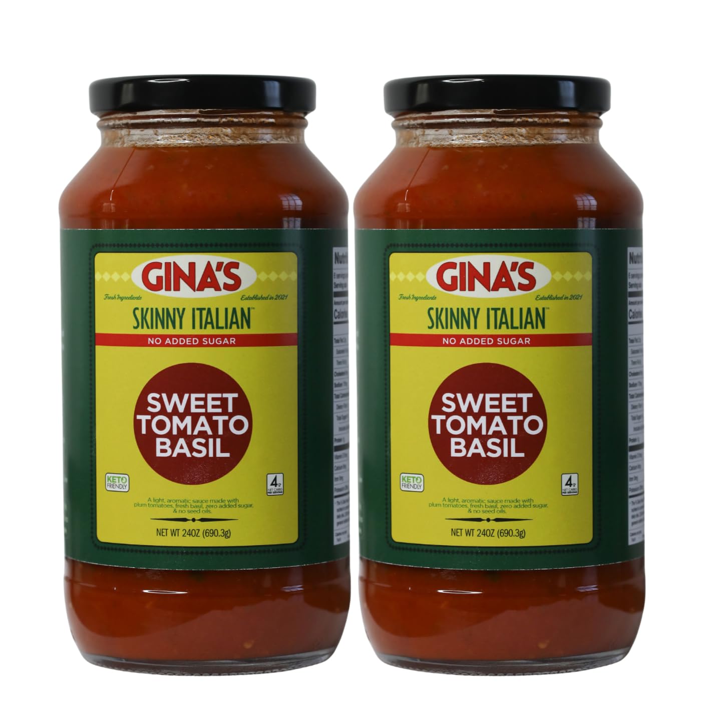 Gina’s Skinny Italian Sweet Tomato Basil Sauce, 2-Pack (Two 24 oz Jars) | No Sugar Added, Low Carb, Keto & Gluten Free Pasta Sauce | Clean