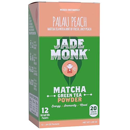 Matcha Green Tea Powder 100% Natural Antioxidant Infused Nutrient Rich Drink Mix, Palau Peach, 12 Single Serving Packets - Great For Home And On The