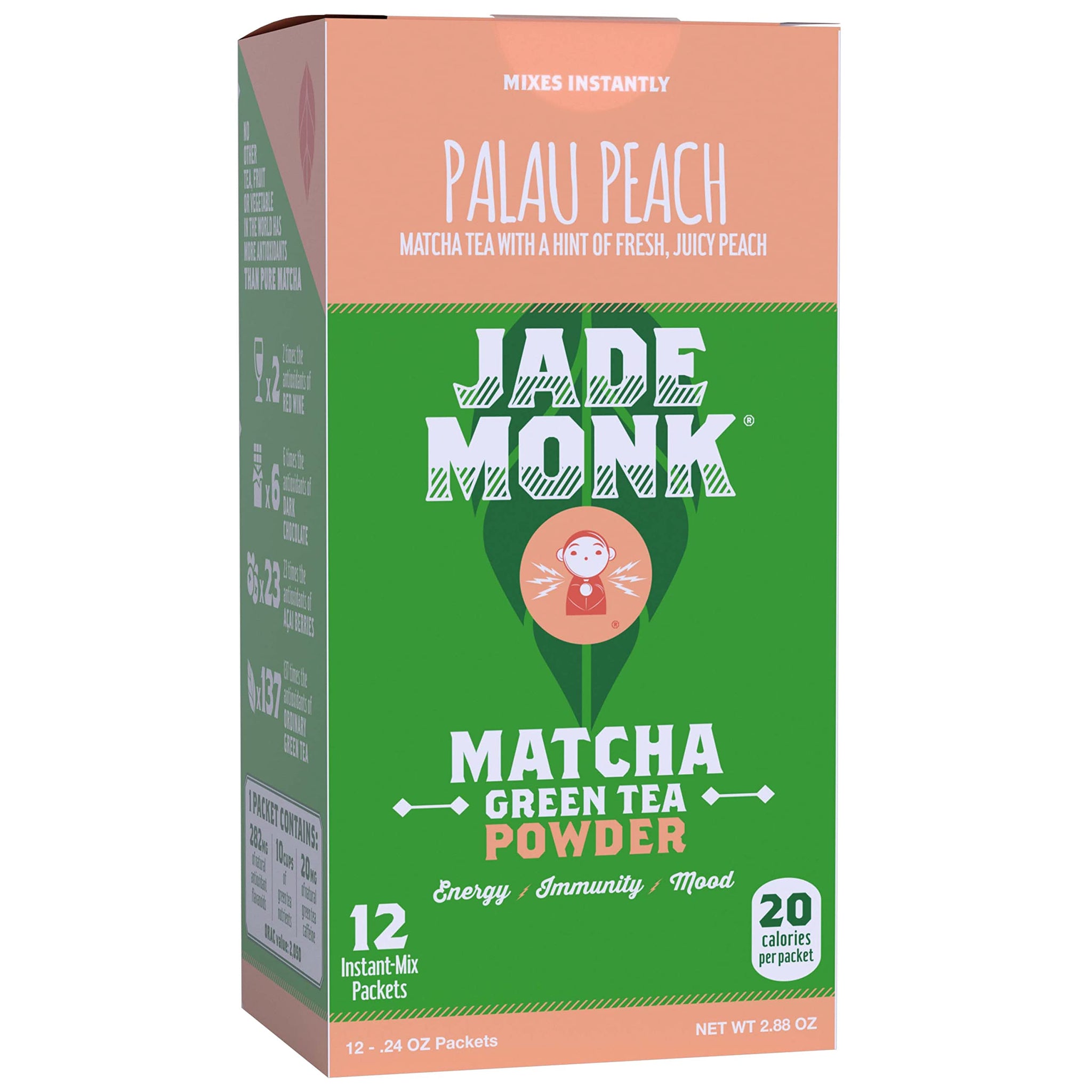 Matcha Green Tea Powder 100% Natural Antioxidant Infused Nutrient Rich Drink Mix, Palau Peach, 12 Single Serving Packets - Great For Home And On The