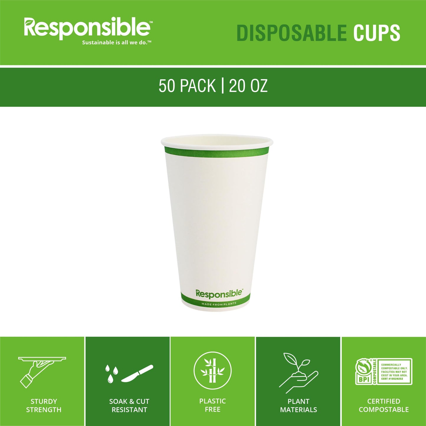 Responsible Products Certified Compostable 20 oz Paper Cups, Cold ? Hot Coffee Cups, Disposable Paper Cups, Extra Strength Disposable Cups, Made