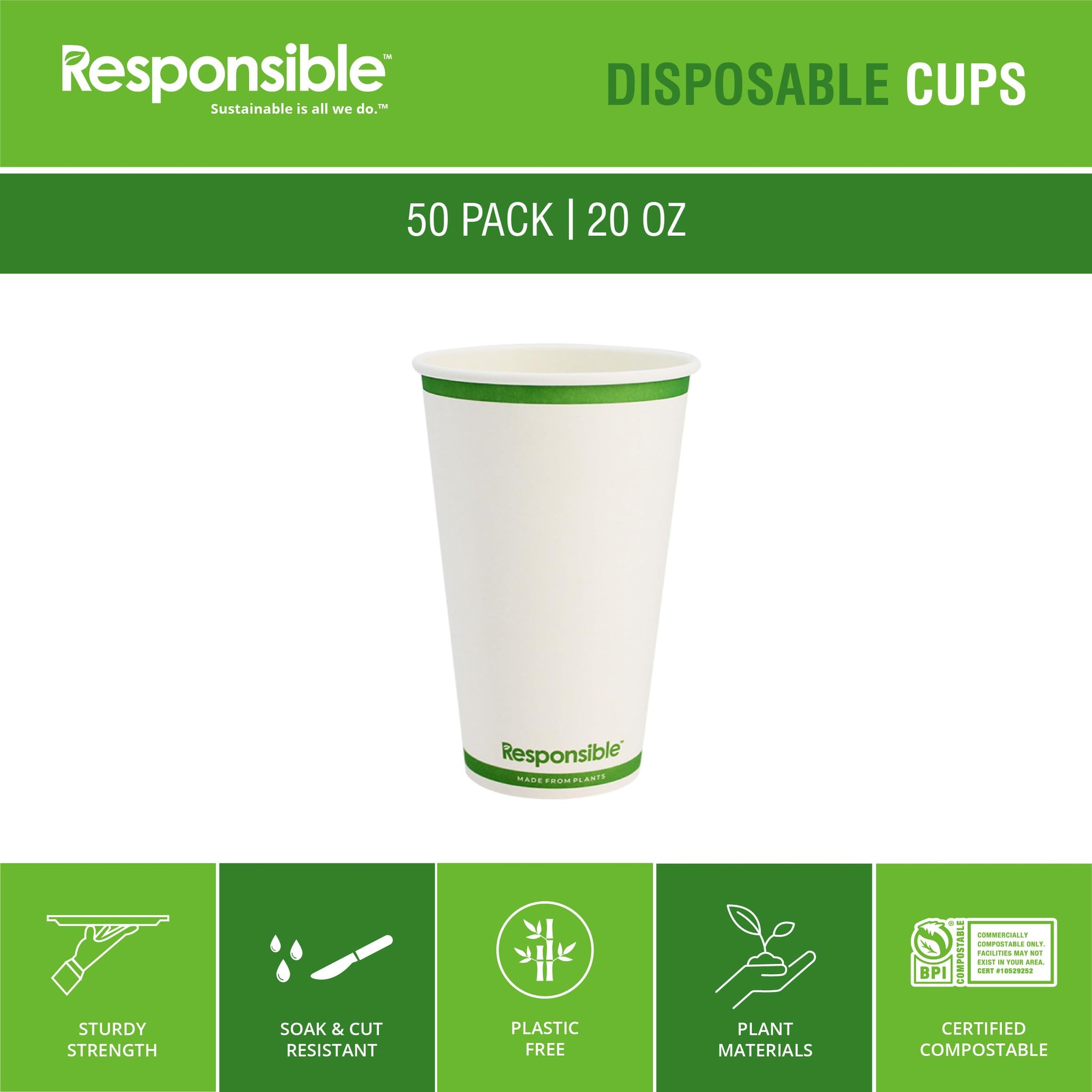 Responsible Products Certified Compostable 20 oz Paper Cups, Cold ? Hot Coffee Cups, Disposable Paper Cups, Extra Strength Disposable Cups, Made