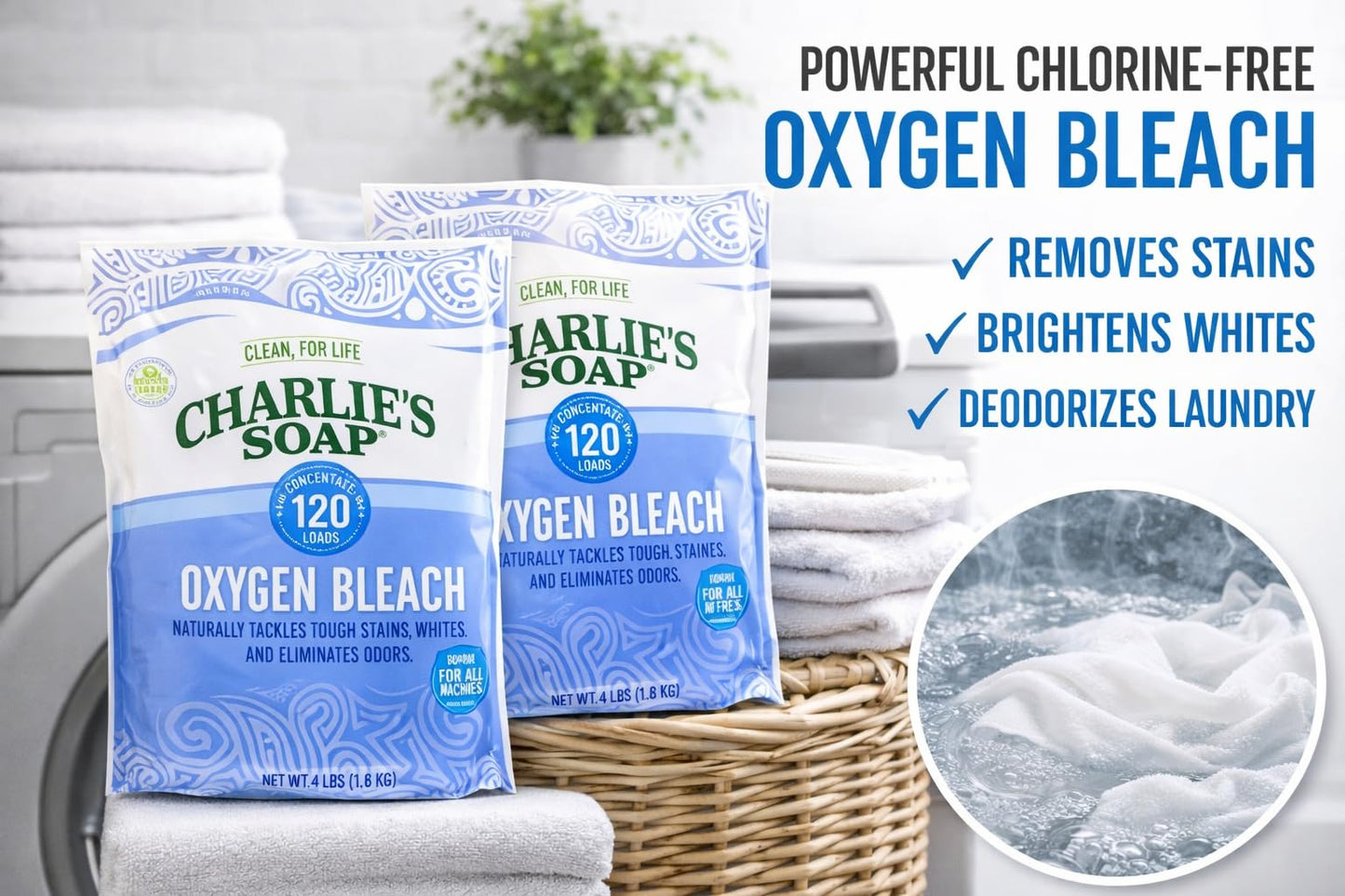 Charlie’s Soap Oxygen Bleach Powder for Laundry & Household Cleaning, Color-Safe & Chlorine-Free Stain Remover, 4 lb Bags (120 Loads Each), 2 Pack