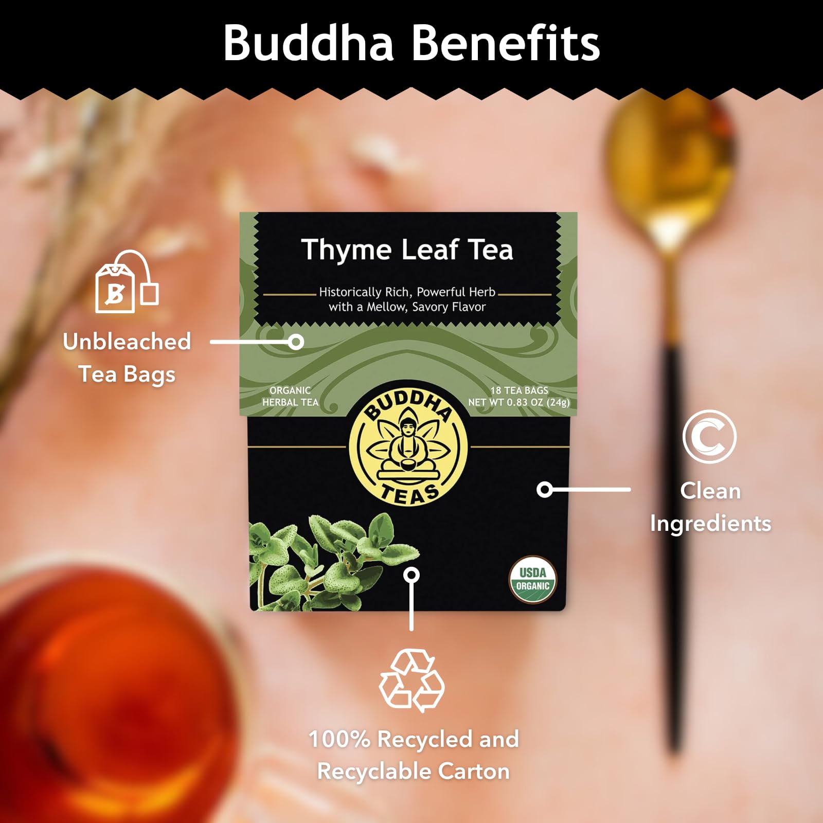 Buddha Teas - Organic Thyme Leaf Tea - Herbal Tea - For Health & Wellbeing - With Antioxidants & Minerals - Clean Ingredients - Caffeine Free - OU