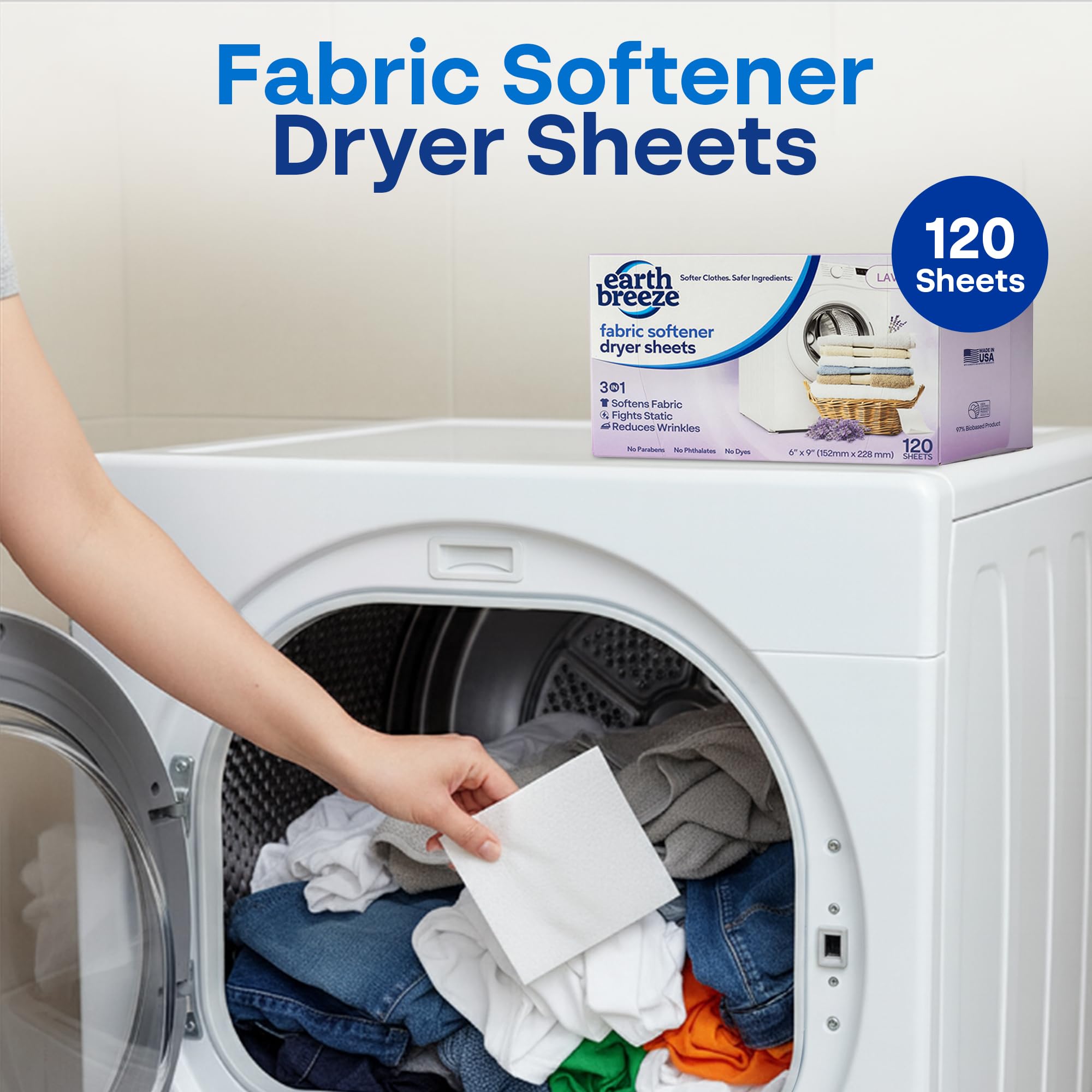 Earth Breeze Fabric Softener Dryer Sheets - Lavender, Hypoallergenic, No Harsh Chemicals, Safe Ingredients - Soft Clothes - Static Cling & Wrinkle