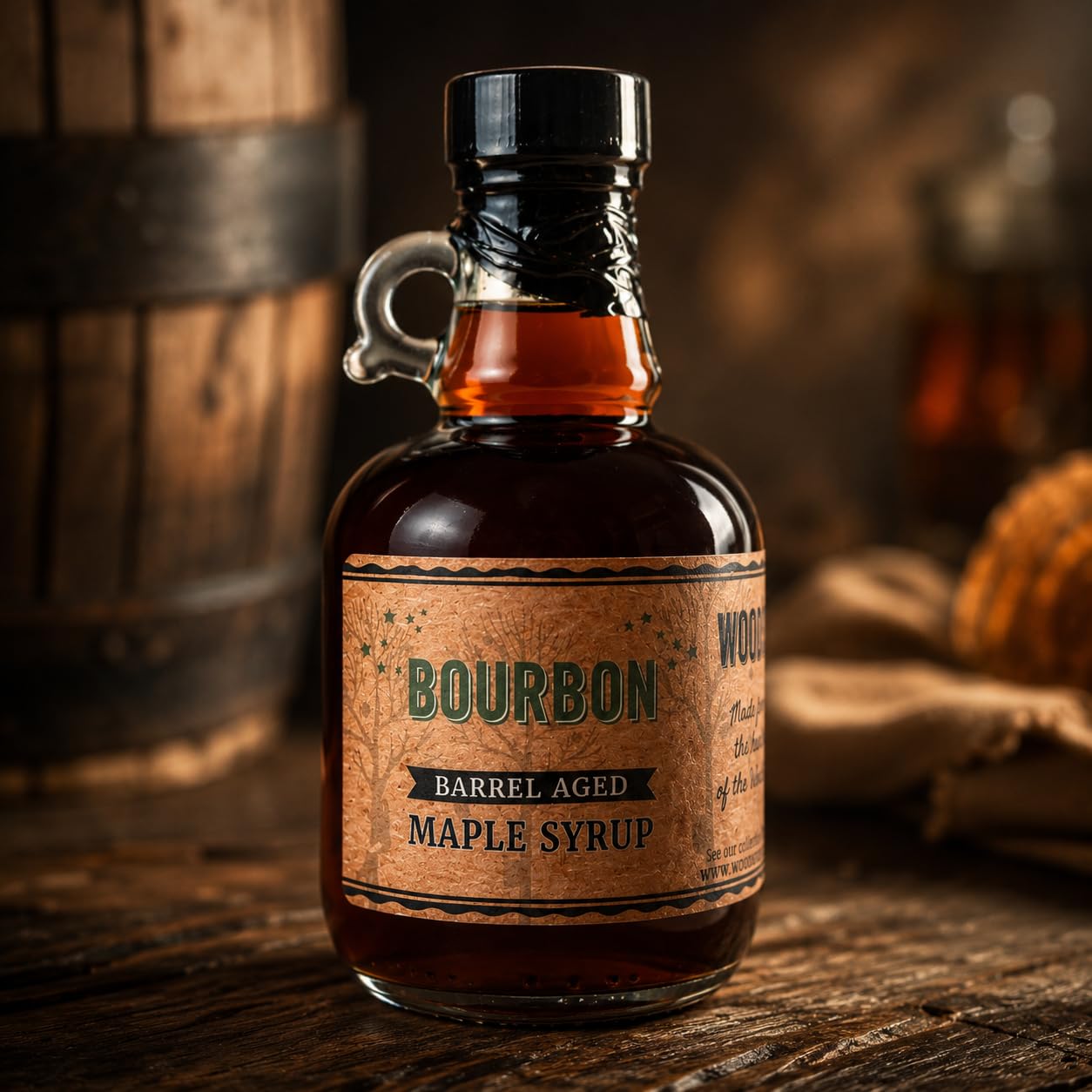 WOOD'S Vermont Bourbon Barrel Aged Maple Syrup - Premium Maple Syrup with Rich Flavor & Subtle Bourbon Notes - Ideal for Pancakes, Desserts