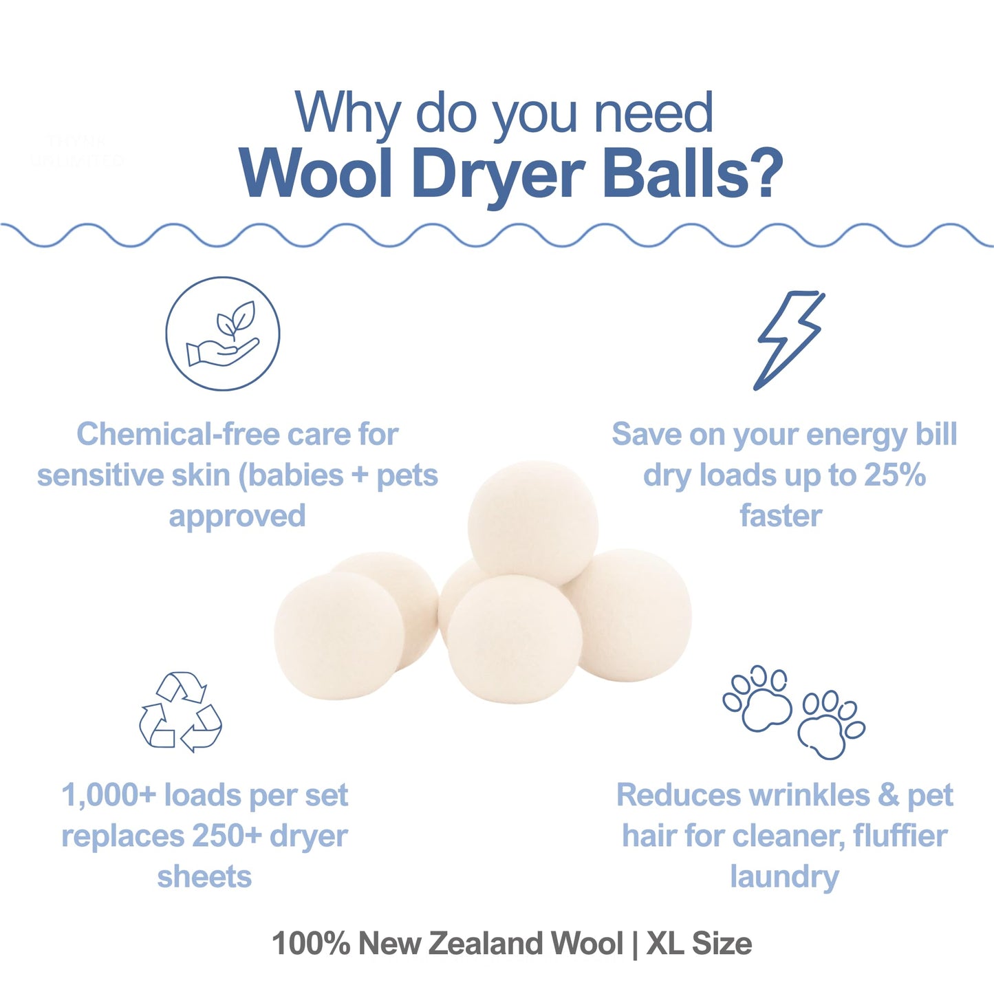 Premium Wool Dryer Balls - XL 6-Pack, 100% New Zealand Wool, Organic & Reusable, Natural Fabric Softener Alternative, Reduces Static, Wrinkles